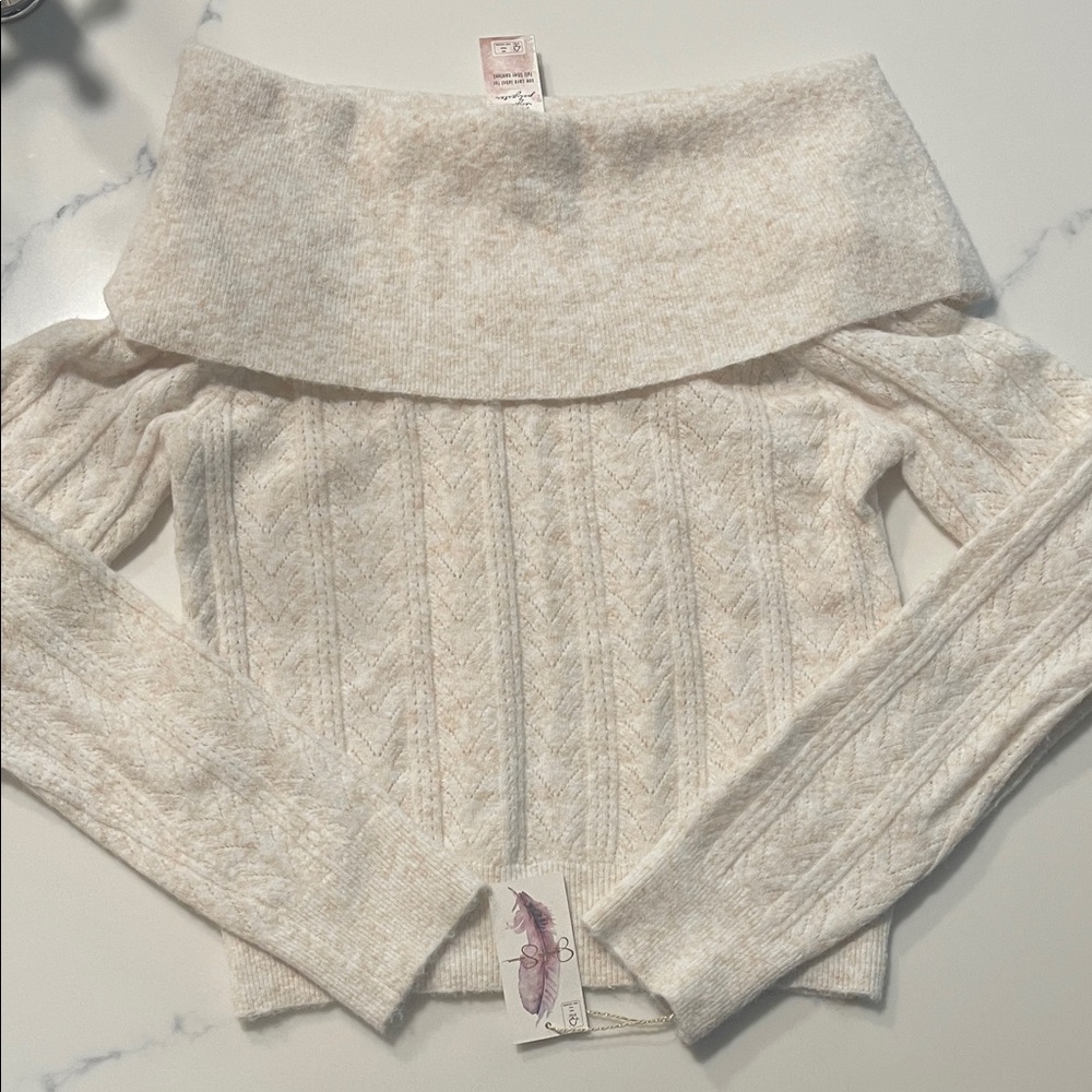 Jessica Simpson Cozy Off-Shoulder Cable Knit Sweater - Cream